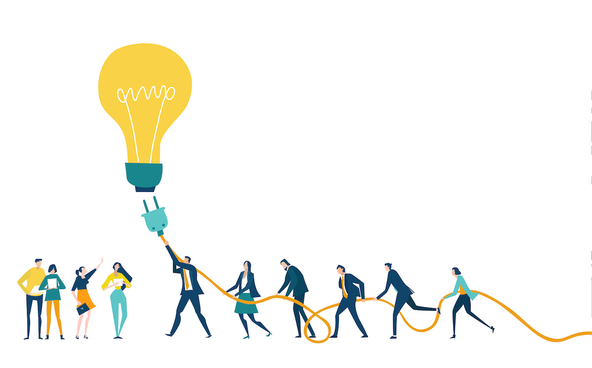 Group of business people and support going to plug the light bulb. Working together. Brightening idea. Developing, taking a risk, support and solving the problem business concept illustration.