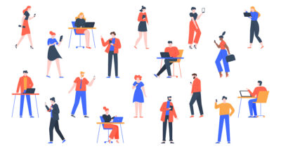 People with devices. Men and women use laptop, tablet and smartphones, characters with internet devices equipment, holding and using digital gadgets vector illustration set