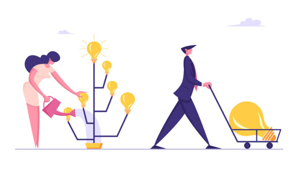 Businesswoman Inventor Grow Idea Tree with Light Bulbs on Branches Sale Harvest to other People. Happy Business Man Pushing Cart with Huge Lamp, Invention Project Cartoon Flat Vector Illustration